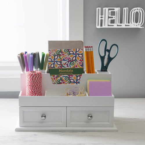 Organize It All Accessory Organizer | Dimensions: 13.8"x 7.3"x 7.1" | Holds Cosmetics | Office Supplies | Tech Accessories | Home Organization | Durable | Has 2 Drawers | 12 Compartments | White