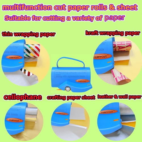 PERFYCUT Wrapping Paper Cutter with 3 Replaceable Blade Sets for Birthday Paper Gift Wrapping Paper Roll Cutter with Handle Christmas Wrapping Paper Cutter Tool Tube Holder Slidding Slicing.