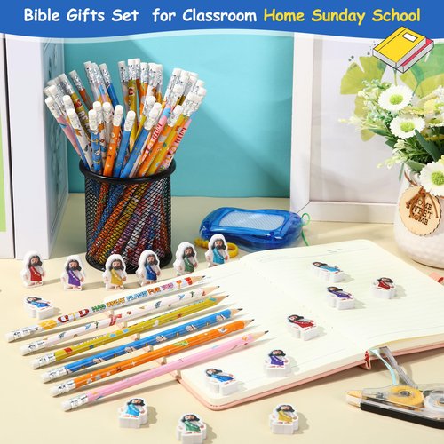 Yexiya 96 Pack Christian Bible Stationery and School Supplies Set Christian Church Gifts Bible Verses Pencils Religious Jesus Erases for Church Sunday School Gift Classroom Reward
