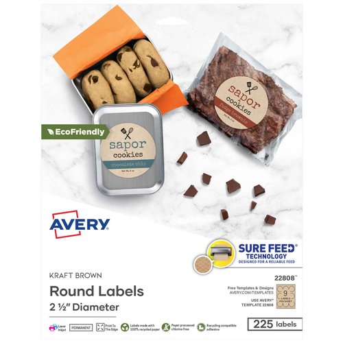 Avery Kraft Brown Round Labels with Sure Feed Technology, 2.5" Diameter, Print to The Edge, Laser/Inkjet Printable Labels, 5 Packs of 22808, 1,125 Total