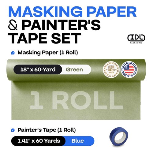 IDL Packaging Premium Masking Kit - 18" x 60 Yards Green Masking Paper (1 Roll) and 1.41" x 60 Yards Blue Tape (1 Roll) - Masking Set to Protect Surfaces - Great for Automotive Industry