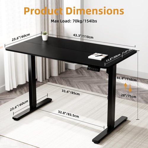 ERGOMAKER Electric Standing Desk, 43.3" x 23.6" Height Adjustable Sit Stand Desk with Splice Board for Home Office, Computer Desk Memory Preset (Black Frame, Black Desktop)