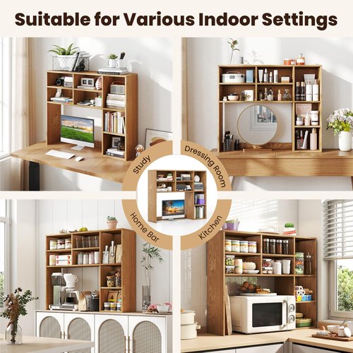 Giantex Desktop Bookshelf, Desk Hutch Dorm w/ 7 Cubes & 3 Adjustable Shelves, Desk Shelf for Up to 27" Computer Monitors, Wooden Desktop Storage Organizer for Dorm College Office Homem, Natural
