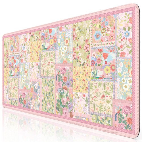 iCasso Pink Desk Mat for Keyboard and Mouse, Large Mouse Pad, Floral Desk Pad, Anti-Slip XXL Big Mousepad with Stitched Edges for Computer