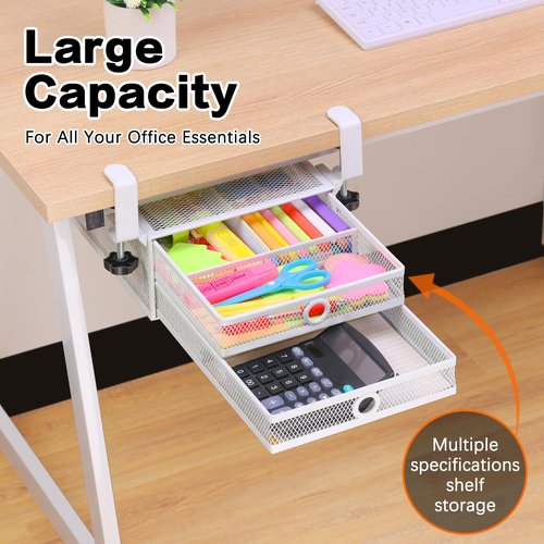 ROSLINE Under Desk & Desktop Drawer Organizer - 2-Tier Metal Slide Out Drawers Organizer, Storage for Home Office Desk (White)