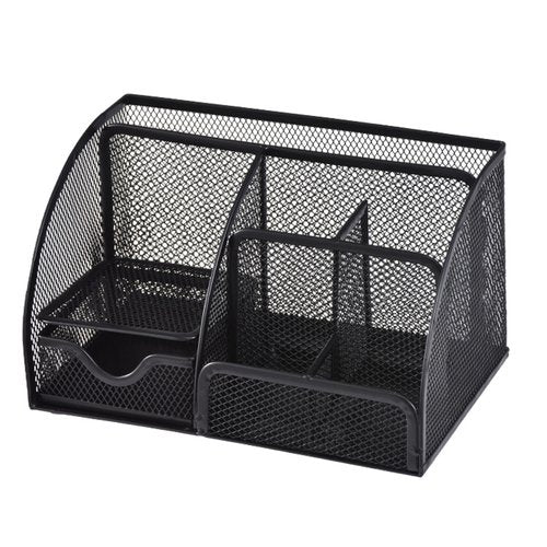 Rkqoa Black Mesh Pen Holder and Organizer Office Supplies with 7 Compartments, Desktop Organizer with Drawer, Metal Pen Holder for Desk, ‎9.1" x 5.9" x 5.5''