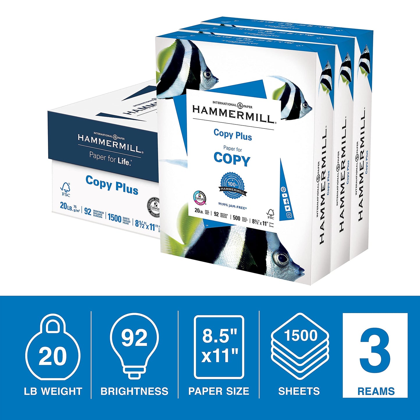 Hammermill Copy Plus 8.5-Inch x 11-Inch Copy Paper, 20 lbs., 92 Bright, 500 Shts/RM, 3RM/CT (105040)