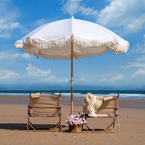 Skiennix 6.5ft Boho Beach Umbrella - UPF 50+ Fringe Design with Carry Bag | Premium Wood Pole for Outdoor Use