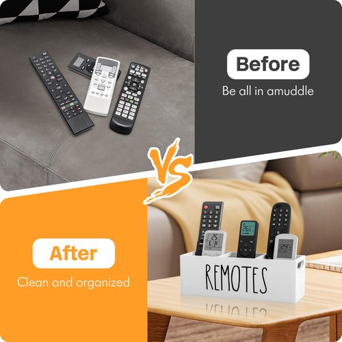 Remote Holder for Table, 3 Slots Wooden TV Remote Control Holder, Bedside Remote Control Storage Organizer - 10" x 3.3" x 3.3" White