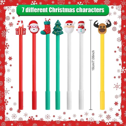 Zonon 100 Pieces Christmas Pens Holiday Novelty Fun Cartoon Characters Stick Black Gel Ink Rollerball Pens for Christmas Xmas Party Favors Goodie Bags Stuffer Gifts Office Supplies, 7 Styles
