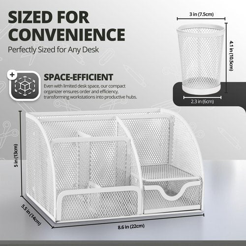 Flexzion Desk Caddy Organizer Set (White) - Metal Mesh Desktop Caddy with Drawers, 6 Compartments, and Pencil Holder for Women & Men - Desktop Organizer and Storage for Work or Office Supplies