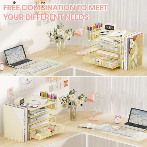 OPNICE Desk Organizers and Accessories, 5-Tier Paper File Organizer with Drawer & Pen Holder, Office Desk Accessories Workspace Desktop Organizer for Office Supplies(Gold)