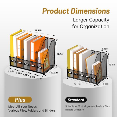 DALTACK Desk Organizers Metal Magazine File Holder with 5 Vertical Compartments Folder Storage Binder Organizer for Office Home School Organization, Black Plus