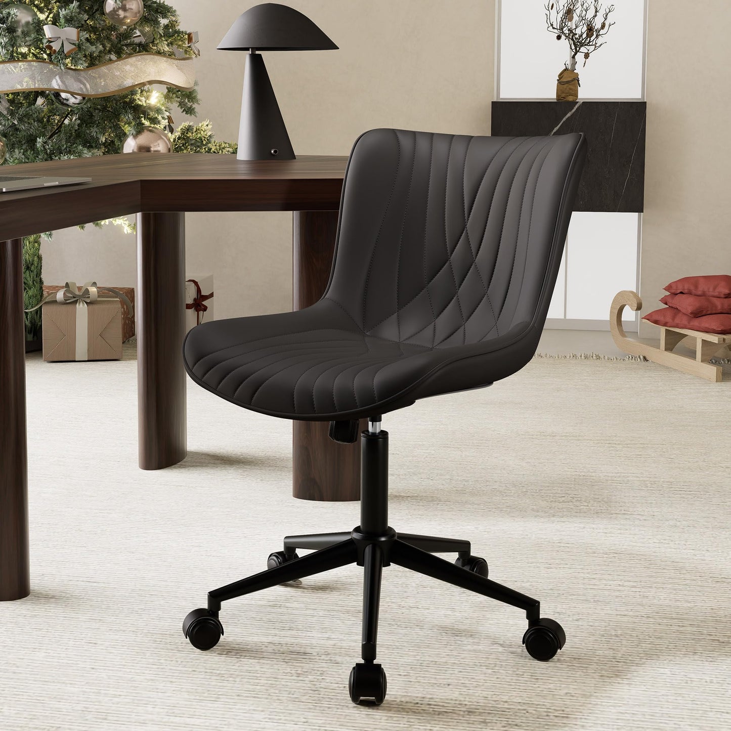 YOUTASTE Black Modern Office Chair, Armless Swivel PU Leather Desk Chair with Wheels, Height Adjustable Rolling Computer Chair with Metal Legs for Bedroom, Home Office, Study, or Vanity