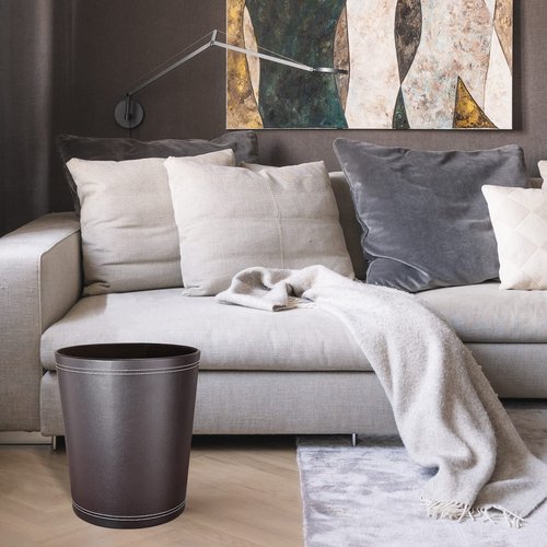 Pu Leather Trash Can for Bedroom, 2.6 Gallon Wastebasket for Office, Small Bathroom Garbage Cans for Home Decorative, Round Waste Basket Bin for Dorm Kitchen Brown