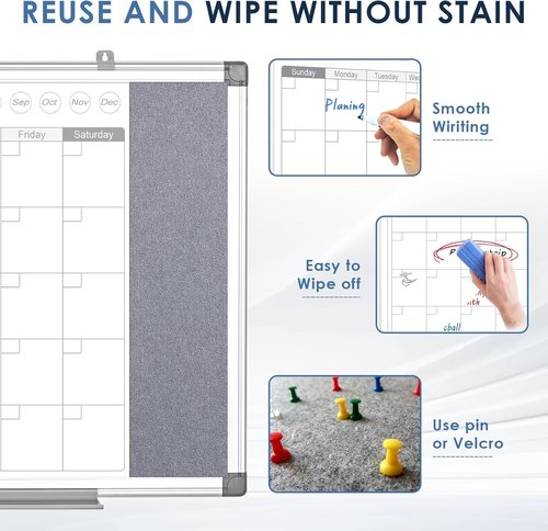 Makello Dry Erase Calendar - 24" x 18" Whiteboard & Grey Felt Board Combo for Home, Office, School