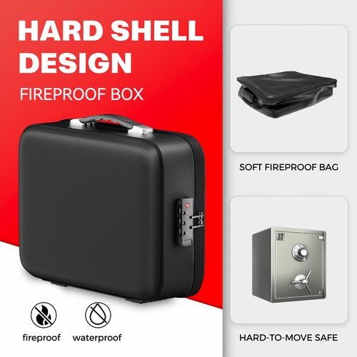 Vailoin Fireproof Document Box, Semi-rigid Hard Case Waterproof Document Boxes with Lock, Portable Home Travel Fire Safe, Legal Size File Organizer for Important Documents, Passports(Black)