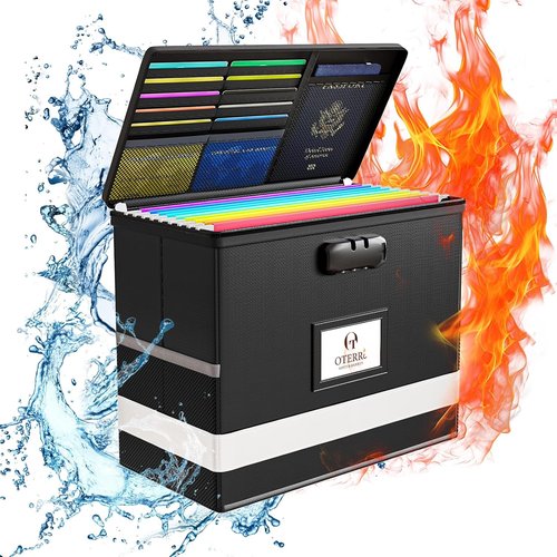Oterri Fireproof Document Box - Portable File Safe with Lock | Waterproof & Collapsible, Black
