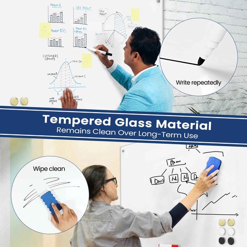 Lumspax 0.3mm Reinforced Metal Backing Glass White Board for Wall, 36" x 24" Large Pure White Tempered Glass Board with Frameless Design, 3' x 2' Big Dry Erase Board for Home, Office, School