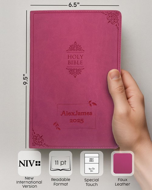Personalized Gift Bible with Name Engraved, NIV Value Thinline, Large Print, New International Version, Custom Text & Design, Pink