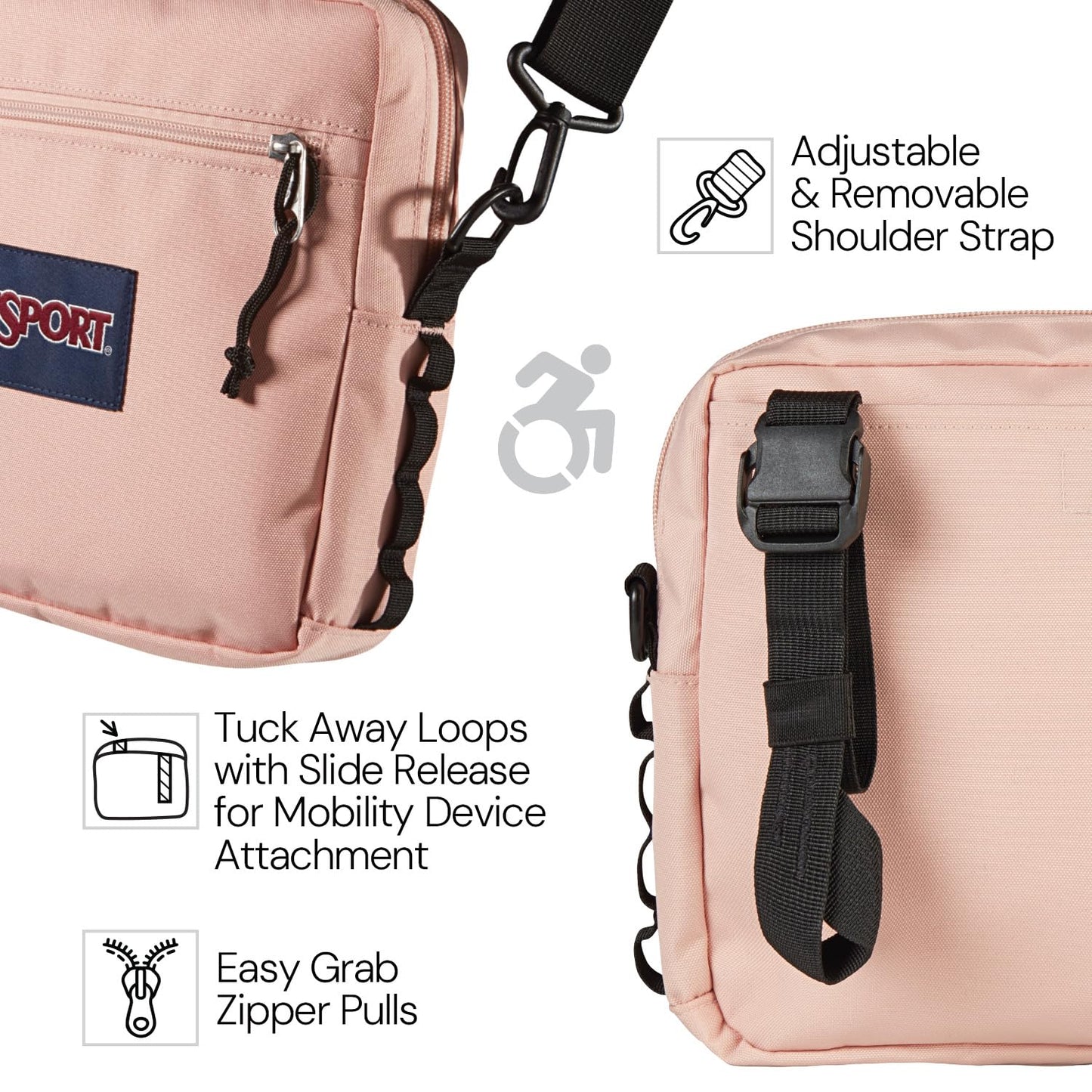 JanSport Central Adaptive Accessory Bag – Wheelchair & Walker Compatible, Versatile Carry Options, Tuck-Away Adjustable Loops, SaniStash Pocket for Easy Access, Red/Multi Hippie Days