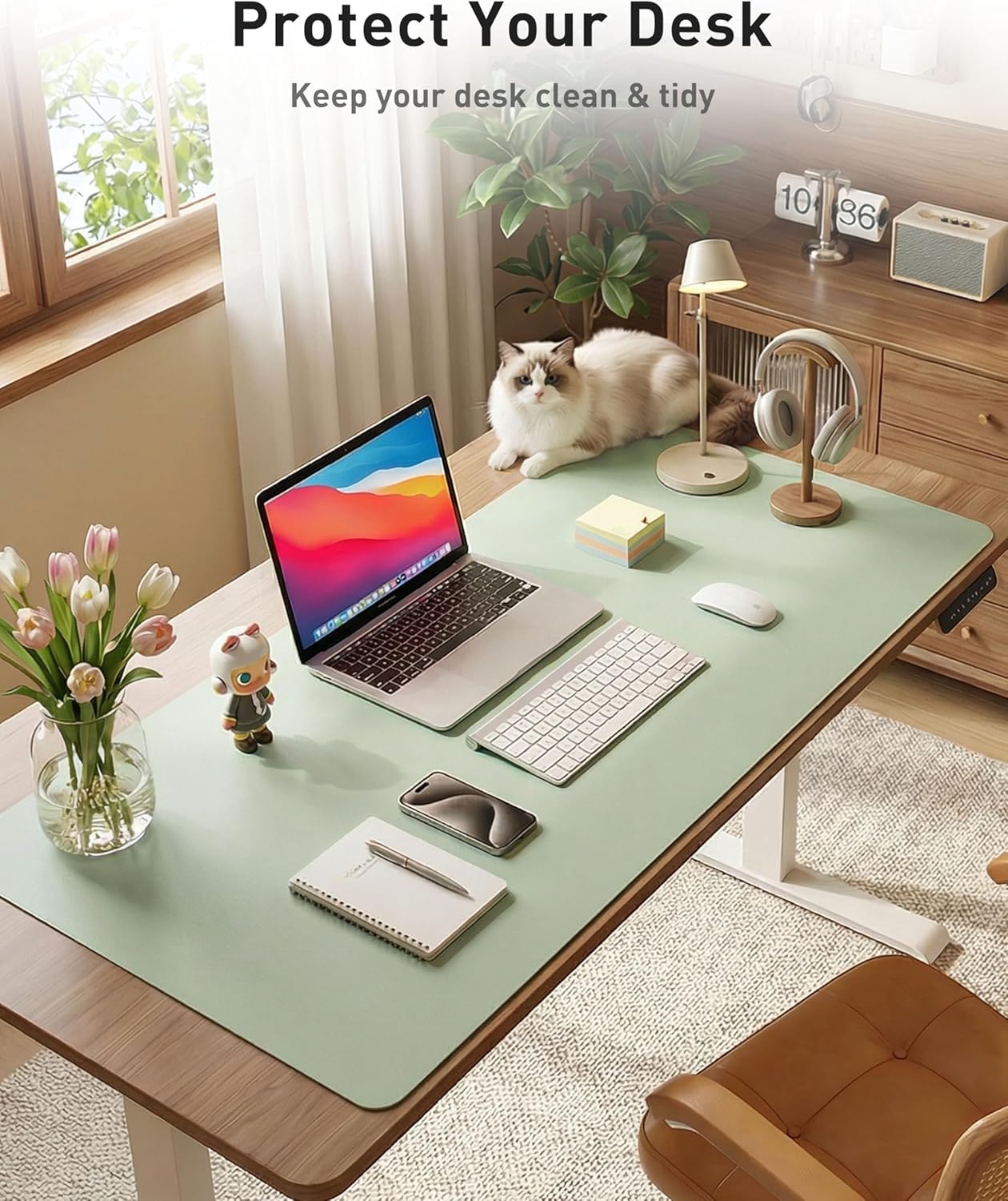 Aothia Faux Leather Desk Mat - Large Non-Slip Mouse Pad | Waterproof Writing Surface (Aqua, 42" x 17")
