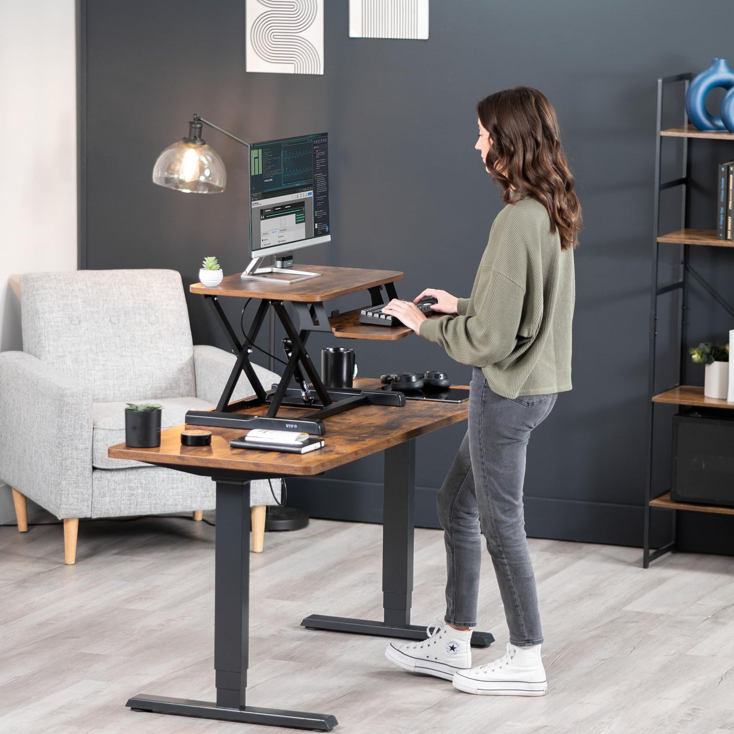 VIVO 26 inch Desk Converter, K Series, Height Adjustable Sit to Stand Riser, Dual Monitor and Laptop Workstation with Keyboard Tray, Rustic Vintage Brown Top, Black Frame, DESK-V026KN