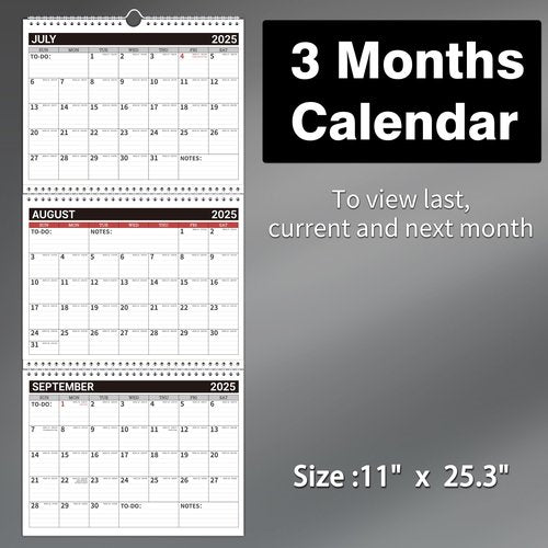 Calendar 2025-2027 - JULY 2025 - JUNE 2027, 3 Month Wall Calendar 2025-2027 Display (Folded in a Month), 11" x 25.3"(Open Size), 11" x 8.88"(Close Size), Calendar Planner 2025-2026 Perfect for Organizing - Black red