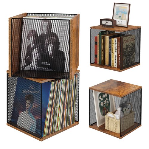 2 Cubes of Record Holder Shelf Storage Furniture - DIY Stackable 80-110 Vinyl Album Visualize Storage Box Cube - Natural Wooden Organizer Crate Cabinet