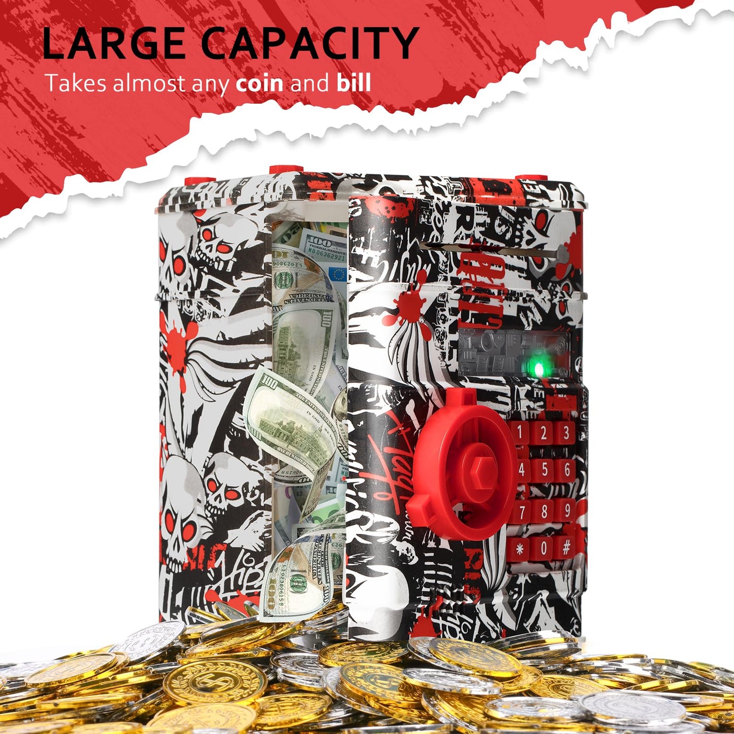 ATM Piggy Bank for Boys Girls, Vcertcpl Mini ATM Coin Bank Money Saving Box with Password, Kids Safe Money Jar for Adults with Auto Grab Bill Slot, Great Gift Toy Bank for Kids