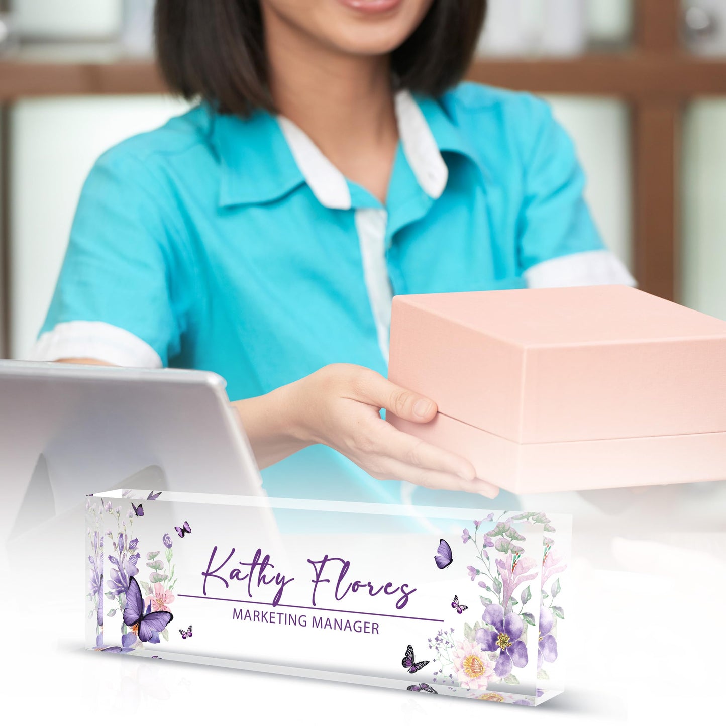 Personalized Acrylic Name Plate for Desk, Custom Office Name Plates, Purple Desk Decor