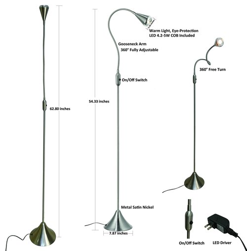 HomeFocus - LED Floor Lamp,Standing Lamp for Reading,Eye-Caring,Stepless Dimming,Floor Lamp for Living Room,Bedroom,LED 5W,Energy Efficient Super Bright (Satin Nickel)
