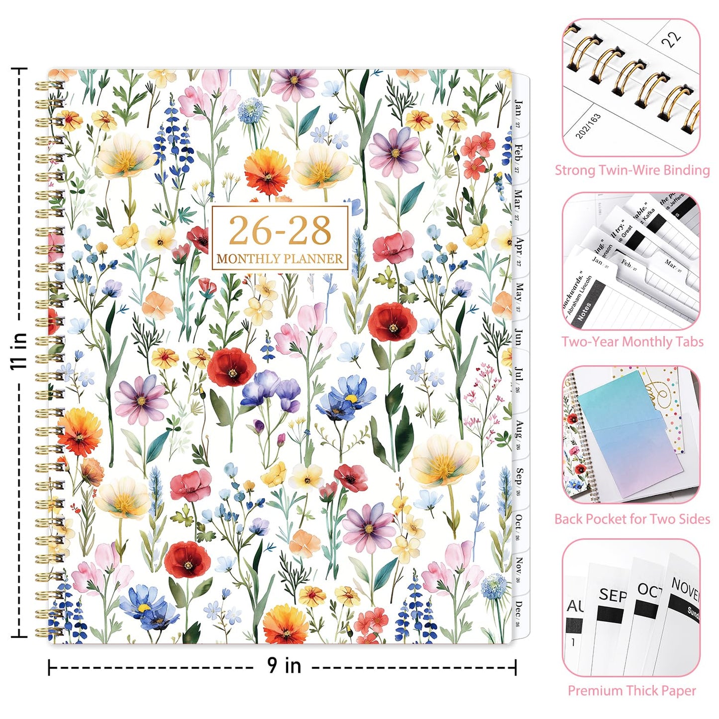 2026-2028 Monthly Planner - 2 Year Monthly Planner/Calendar 2026-2028, JULY 2026 - JUNE 2028, 9" x 11", 24 Months, Tabs, Two-sided Back Pocket, Holidays, Twin-Wire Binding, Note Pages, Perfect for School Office Supplies