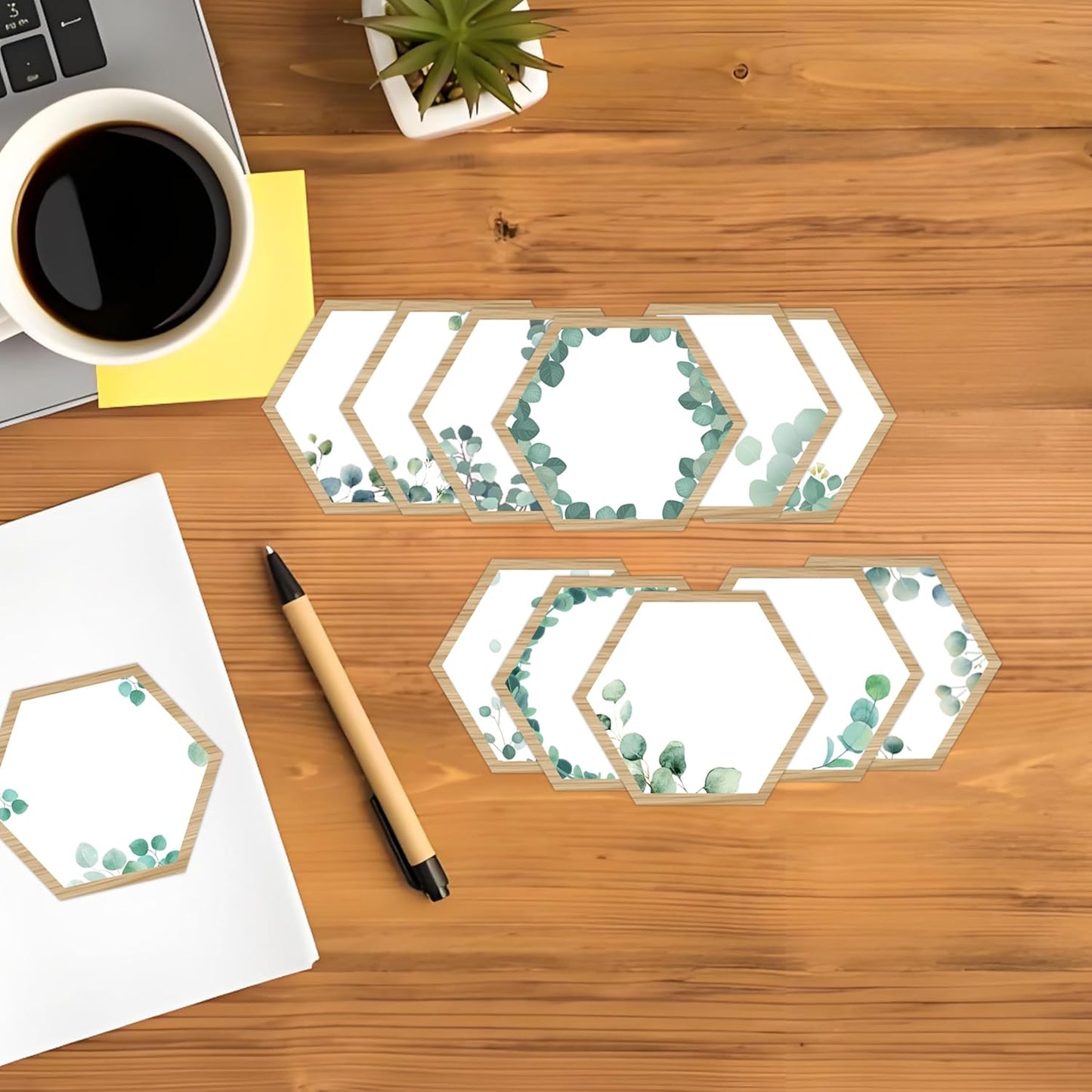 Skiennix Plant Themed Bulletin Board Decor - 5-Inch Boho Hexagon Cutouts | 60 Pcs Wood Grain Wall Art