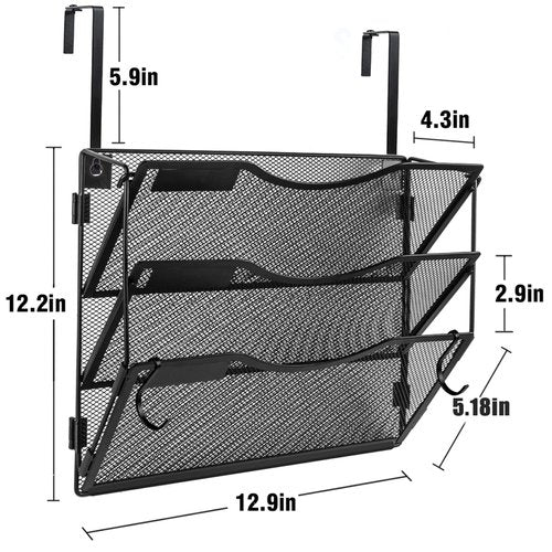 BOHDK Wall File Organizer 3 Pockets, Mail Organizer, Hanging Folder Holder, Foldable | Hanging or Wall Mounted | Label Panel | 2 Hooks | Office Home School Organizer, Black