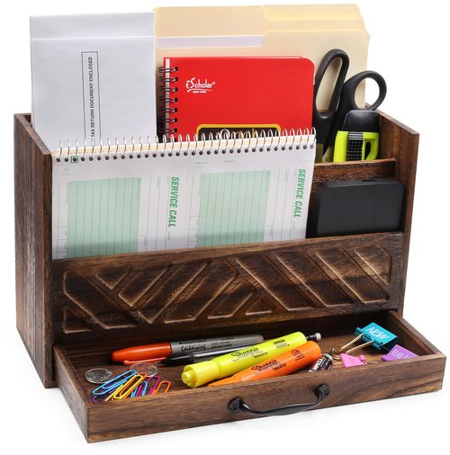 Wood Office Desk Organizers and Storage, Wood Mail Bill Organizer with Drawer for Desktop Organization, Desk Accessories & Workspace Organizers, File Paper Holder Desk Sorter for Storage(Rustic Brown)