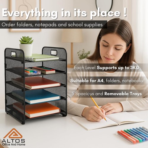 ALTOS OFFICE AND HOME, Metal Mesh Desk Organizer, 5 Compartments, Large Capacity, Holes to Handle It, Rounded Corners, Non-Slip, Anti Rust, Hinge Design
