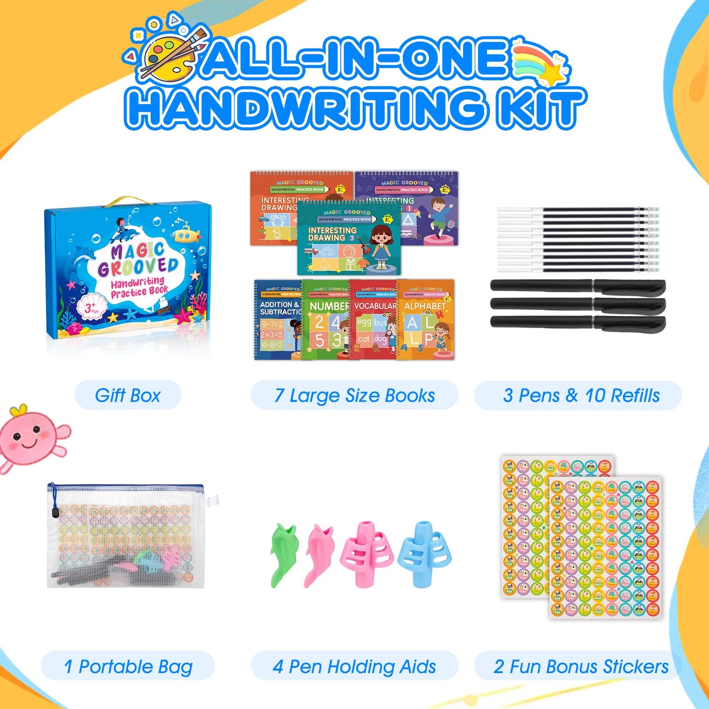 Magic Grooved Handwriting Practice Books for Kids Ages 3-8, Reusable Tracing Book, Preschool Learning Activity, Motor Skills Writing Workbook with Pencil Grips & Magic Ink Pens