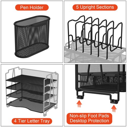 BOHDK Mesh Desk Organizer, 3-IN-1 Desktop Organizer with 4 Tier Tray and 5 Upright Sections, File Organizer for Desk with Sliding Drawer, Black