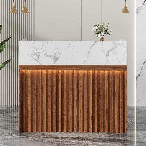 UEV Modern Reception Desk with Counter, Front Desk Reception Room Table with Cable Grommet, Marble Top Front & Led Lights, Retail Counter for Beauty Salon, Checkout, Home Office