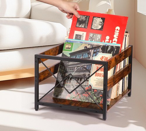 Y&M Vinyl Record Storage Crate, Wooden Storage Box, Classic Cube CD Albums Shelf Holder Organizer, Holds Up to 100+ Records, Magazine Rack for Desktop, Home, Office, Brown