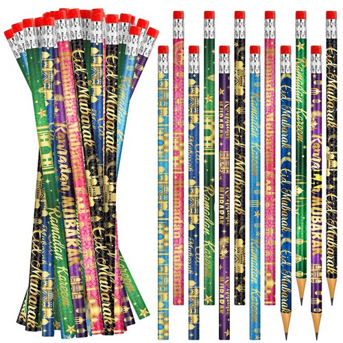 200 PCS Ramadan Pencils Eid Mubarak Wood Pencils with Eraser Ramadan Mubarak Party Favors Gifts Stationery Pencil Bulk for School Classroom Office Giveaways Prizes Islamic Party Favors Supplies