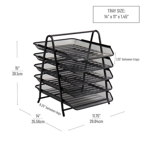 Mind Reader 5-Tier Paper Tray, Desktop Organizer, File Storage, Office, Metal Mesh, 11.75"L x 14"W x 14.5"H, Black