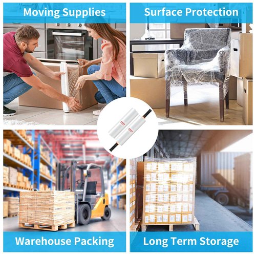 JARLINK Stretch Film, 80 Gauge,15 Inch x 820 Feet Shrink Wrap for Pallet Wrap, Industrial Strength Stretch Wrap up to 800% Stretch with Handles, Moving Wrapping Plastic Roll, 4 Pack