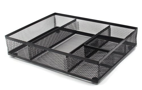 EasyAPG Desk Drawer Organizer with 5 Compartments, Metal Mesh Storage Tray with Anti-Slip Pads for Office, Kitchen, Bathroom - Black