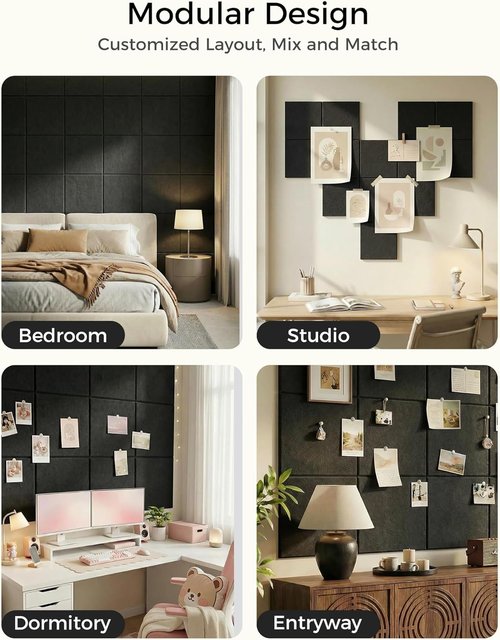Aothia 12-Pack Felt Bulletin Board Tiles - Modular 48x36 Cork Board Alternative for Office & Classroom | Includes 70 Adhesive Tabs & 40 Push Pins (Black)