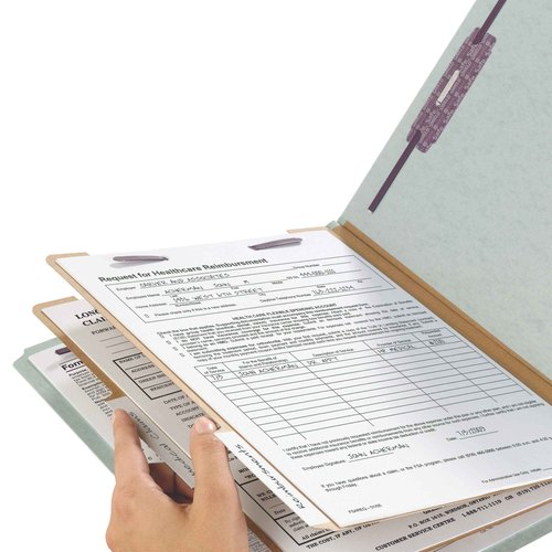 Smead 100% Recycled End Tab Pressboard Classification File Folder with SafeSHIELD Fasteners, 2 Dividers, 2" Expansion, Legal Size, Gray/Green, 10 per Box (29810)