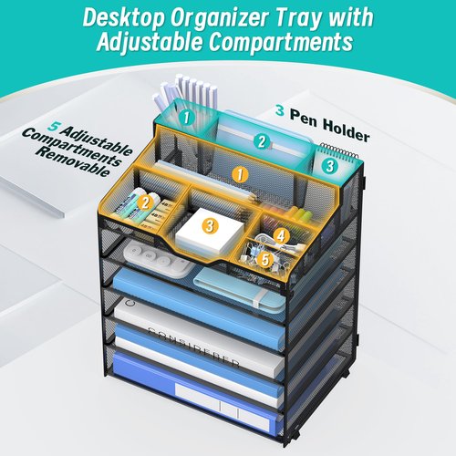 OrgMate 6 Tier Mesh Desk Organizer,Multi Functional Letter Paper Tray with 3 Pen Holders and 5 Adjustable Storage Compartments for Office Supplies Files and Mail Space Saving Desktop Organizer-Black