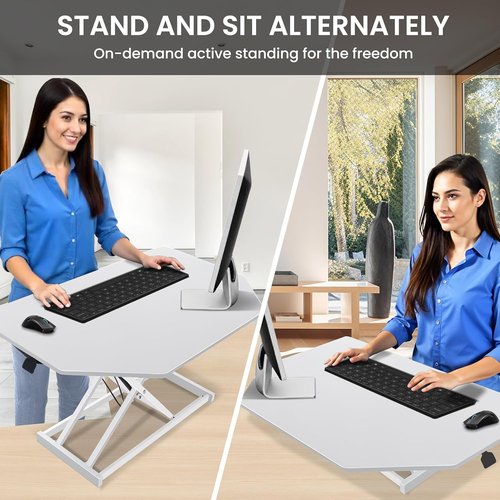 Aconcept 32-Inch White Corner Standing Desk Converter - Height Adjustable Sit to Stand Riser | Dual Monitor Workstation