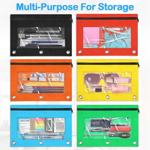 Letapapa 72 PCS Pencil Pouch for 3 Ring Binder, Zipper Pencil Pouches in 6 Colors, 3 Ring Pencil Pouches with Clear Window, Binder Pencil Pouch Bulk for Classroom Office School Supplies